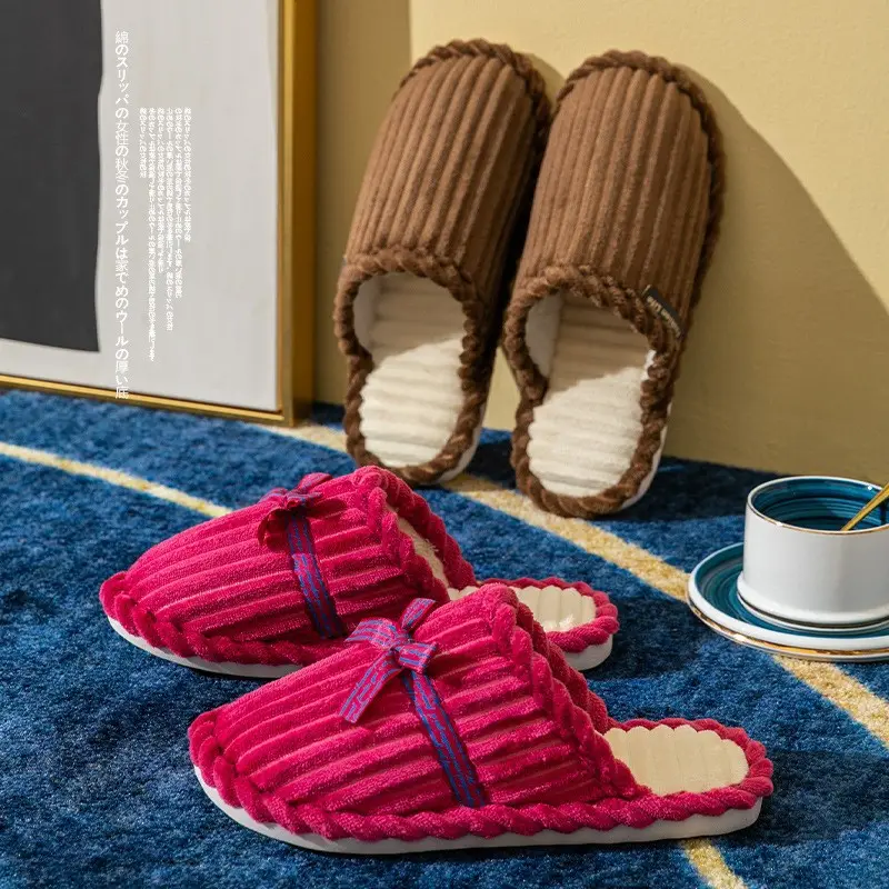 Bowknot cotton slippers female men's winter couple home non-slip plush warm floor slippers corduroy slippers wholesale - Image 8