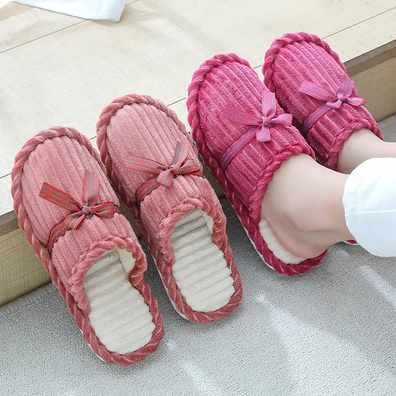 Bowknot cotton slippers female men's winter couple home non-slip plush warm floor slippers corduroy slippers wholesale - Image 9