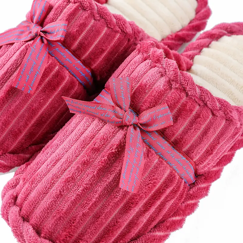 Bowknot cotton slippers female men's winter couple home non-slip plush warm floor slippers corduroy slippers wholesale - Image 10