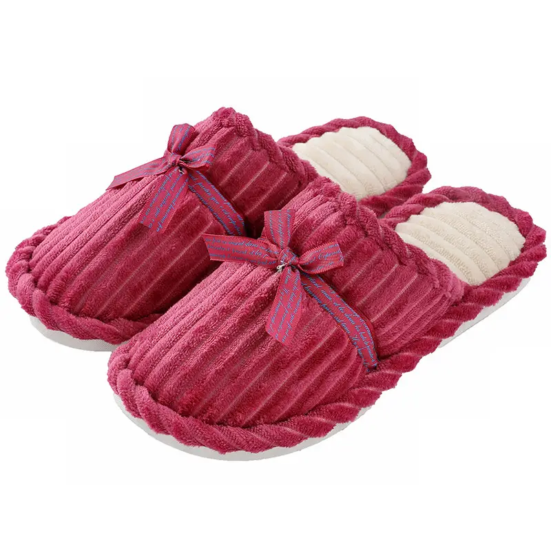 Bowknot cotton slippers female men's winter couple home non-slip plush warm floor slippers corduroy slippers wholesale - Image 11