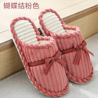 Bowknot cotton slippers female men's winter couple home non-slip plush warm floor slippers corduroy slippers wholesale - Image 2