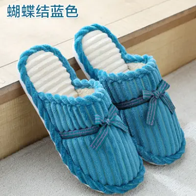 Bowknot cotton slippers female men's winter couple home non-slip plush warm floor slippers corduroy slippers wholesale - Image 3