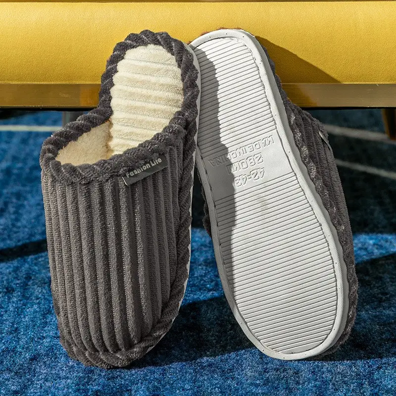 Bowknot cotton slippers female men's winter couple home non-slip plush warm floor slippers corduroy slippers wholesale - Image 6