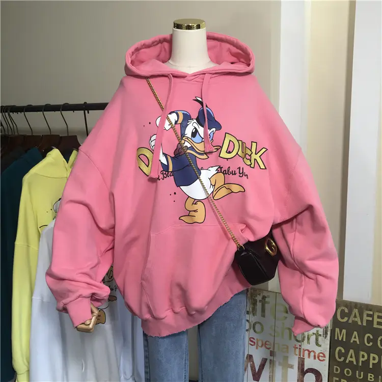 2026 Cartoon Print Hooded Fleece Sweatshirt Women