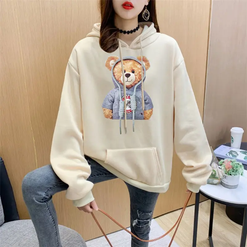 Women Orange Hoodie Bear Print Casual Sweater