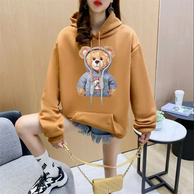 Women Orange Hoodie Bear Print Casual Sweater