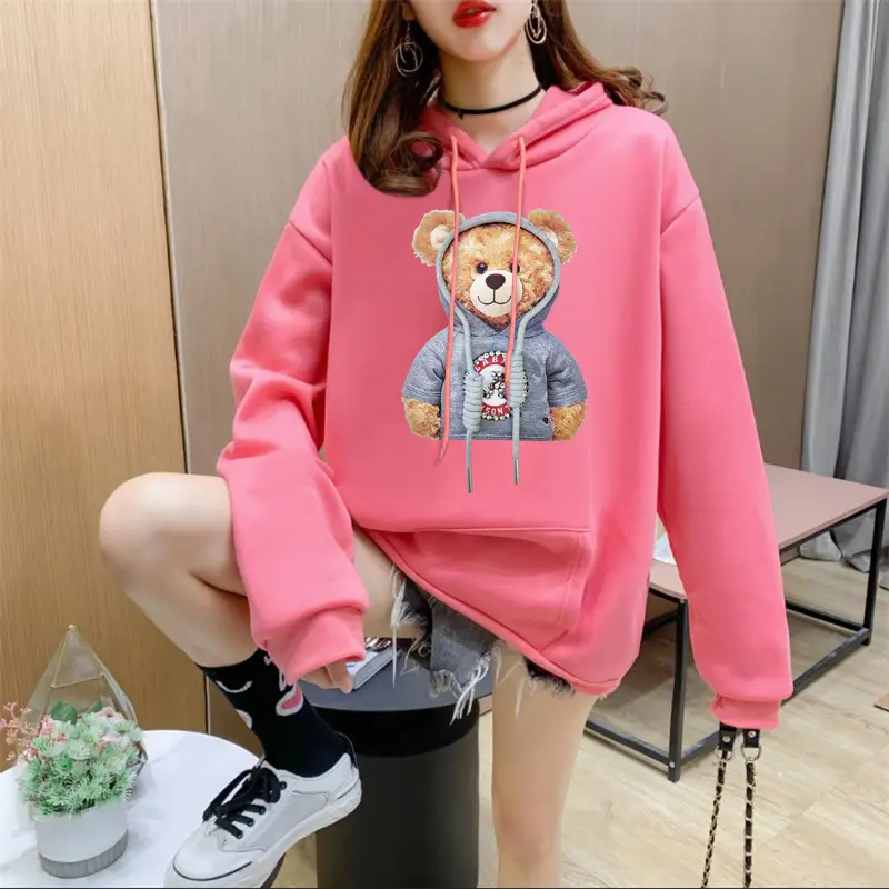 Women Orange Hoodie Bear Print Casual Sweater — feature 3