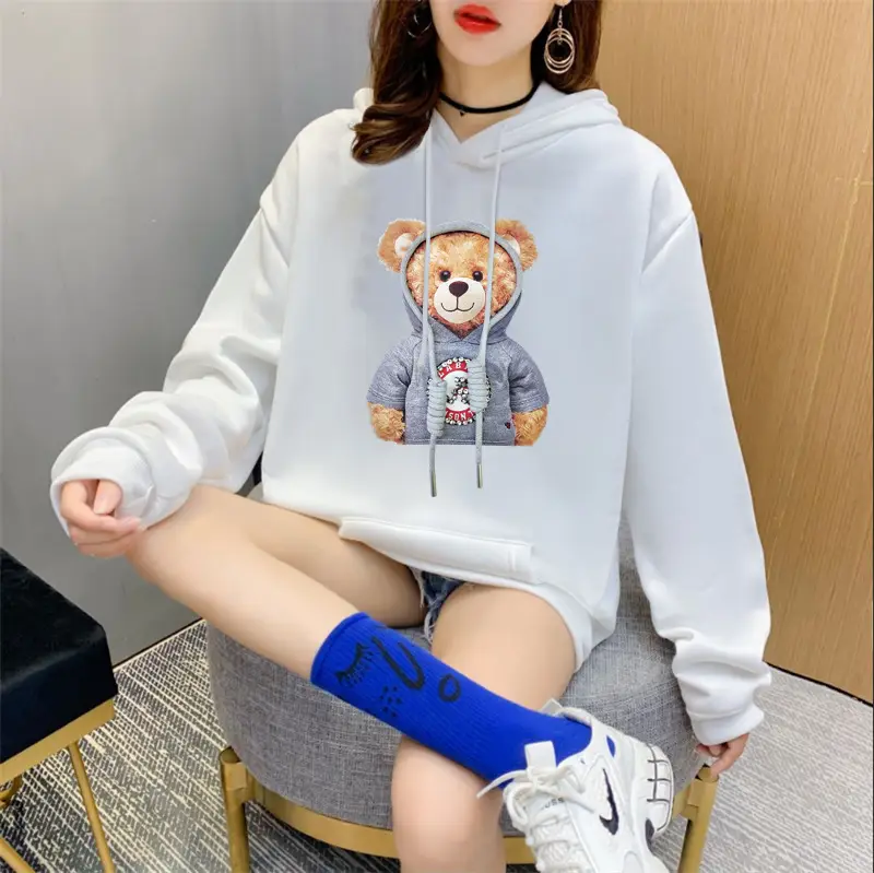 Women Orange Hoodie Bear Print Casual Sweater — feature 4