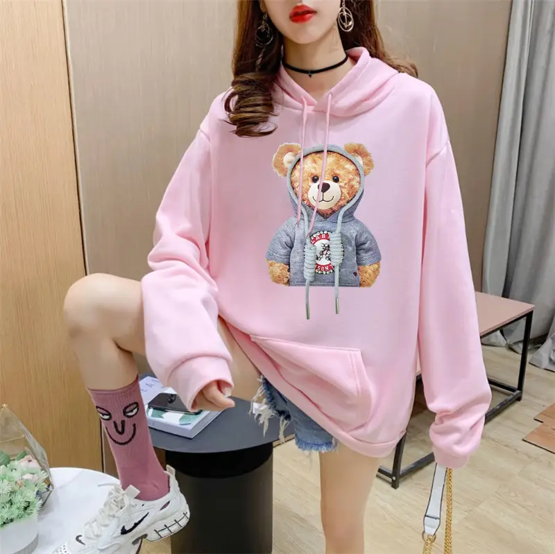 Women Orange Hoodie Bear Print Casual Sweater