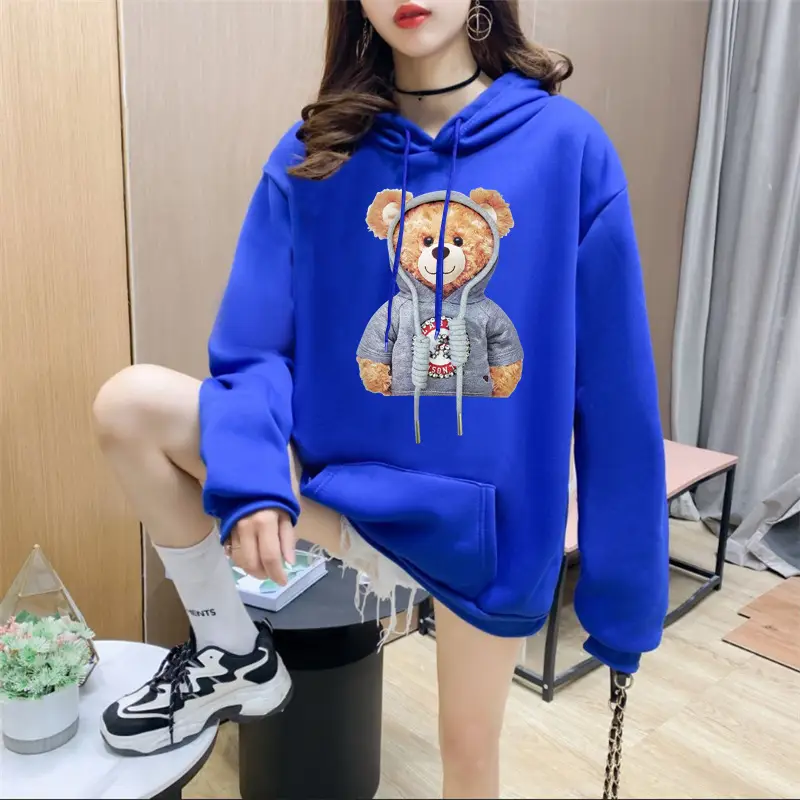 Women Orange Hoodie Bear Print Casual Sweater