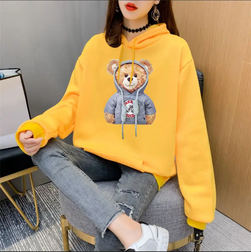 Women Orange Hoodie Bear Print Casual Sweater