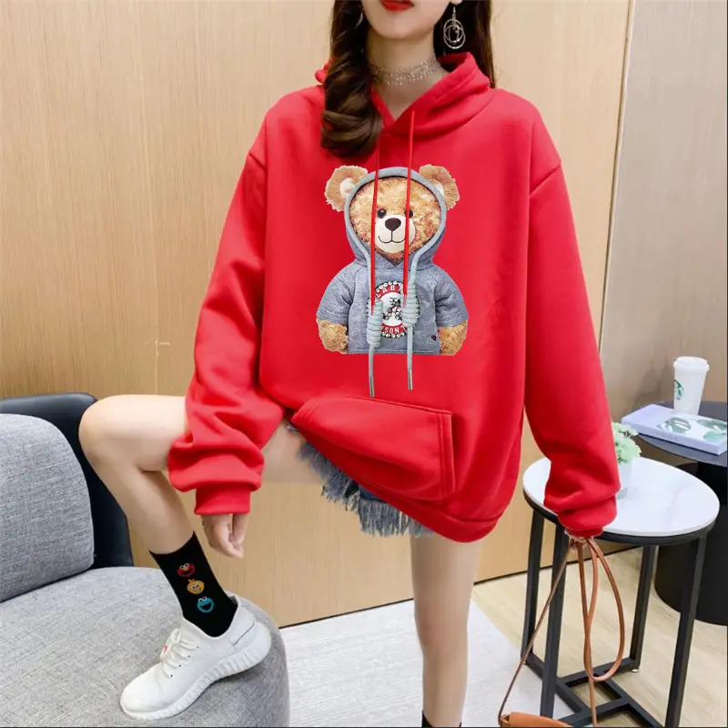 Women Orange Hoodie Bear Print Casual Sweater