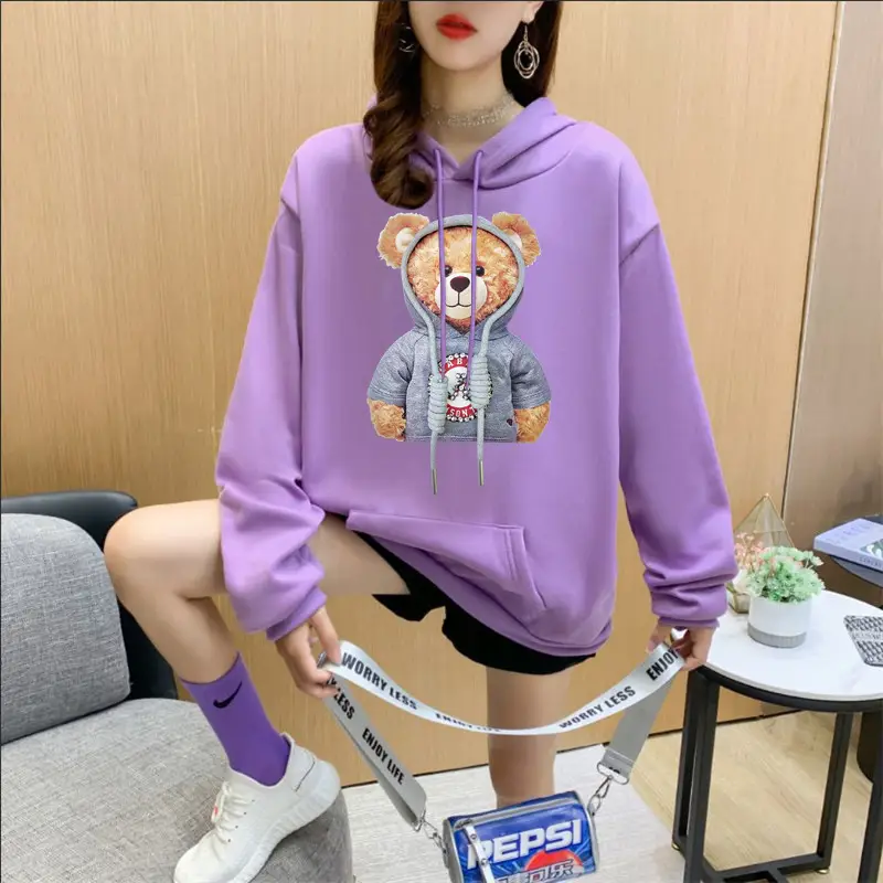 Women Orange Hoodie Bear Print Casual Sweater
