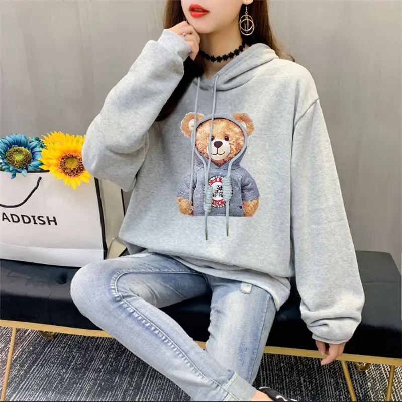 Women Orange Hoodie Bear Print Casual Sweater