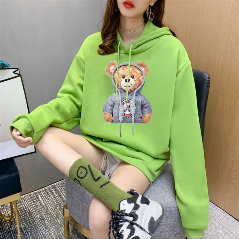 Women Orange Hoodie Bear Print Casual Sweater