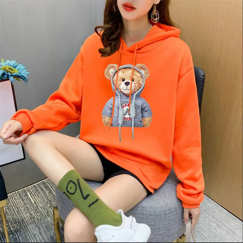 Women Orange Hoodie Bear Print Casual Sweater