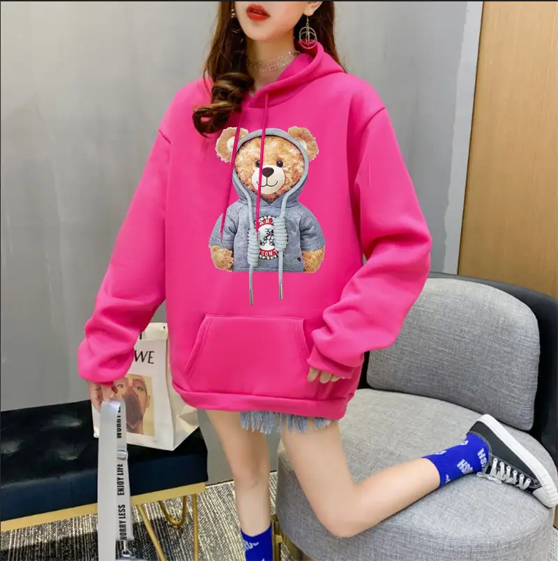 Women Orange Hoodie Bear Print Casual Sweater