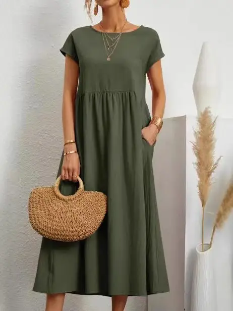 2025 Green Sleeveless Cotton Linen Dress for Women