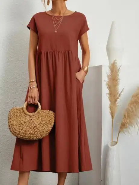 2025 Green Sleeveless Cotton Linen Dress for Women