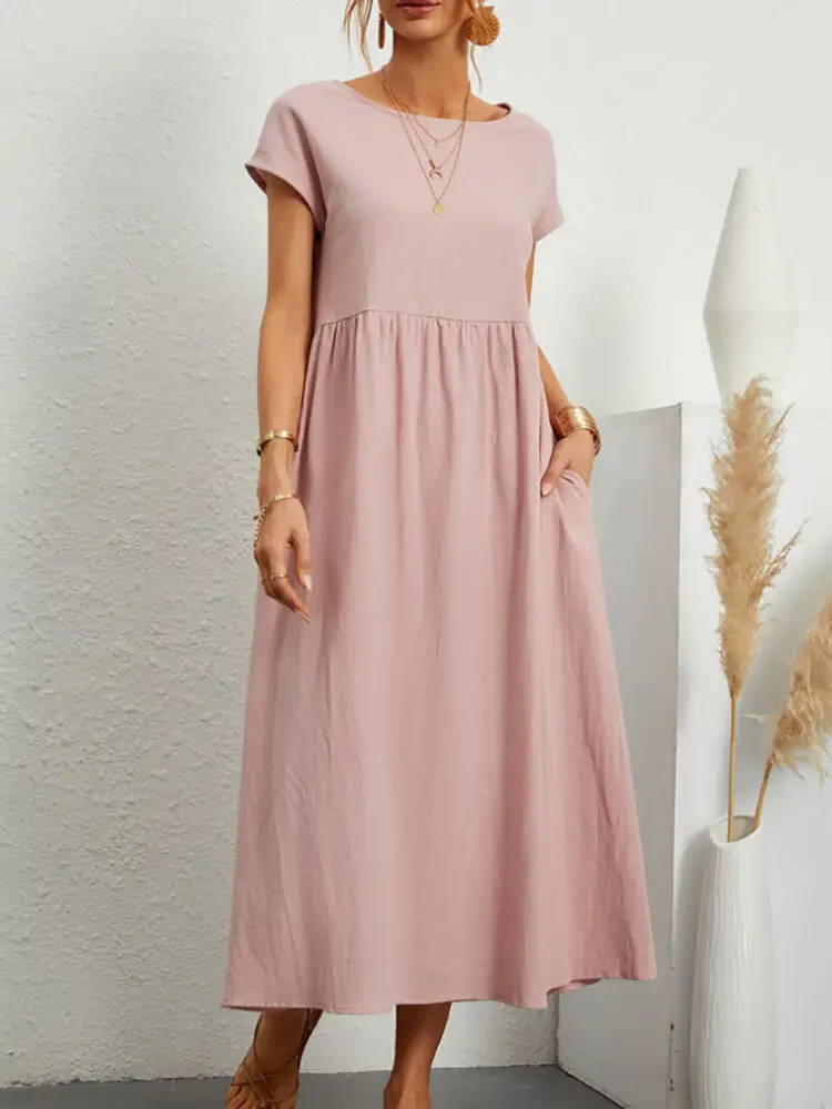 2025 Green Sleeveless Cotton Linen Dress for Women