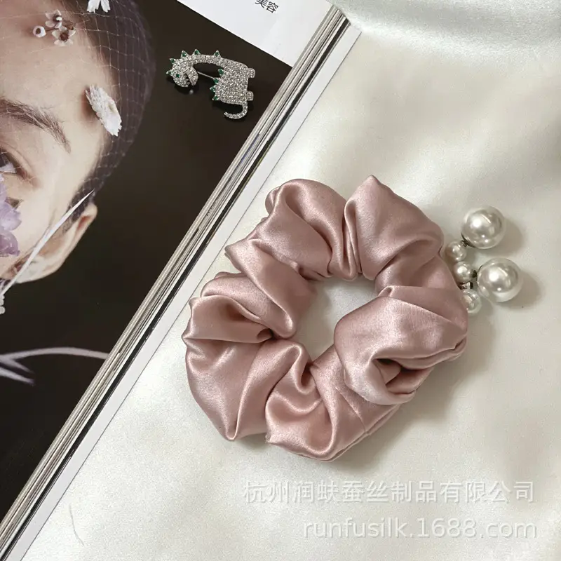 French Silk Hair Scrunchie 3.5cm Large Silver - Image 2