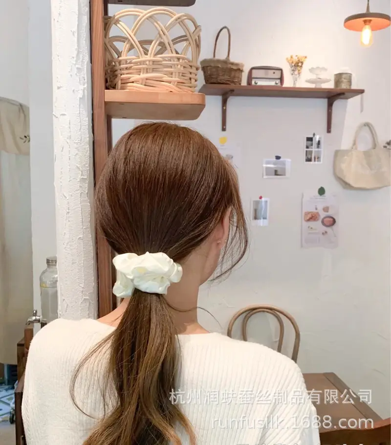 French Silk Hair Scrunchie 3.5cm Large Silver - Image 11