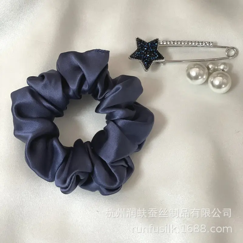 French Silk Hair Scrunchie 3.5cm Large Silver - Image 3