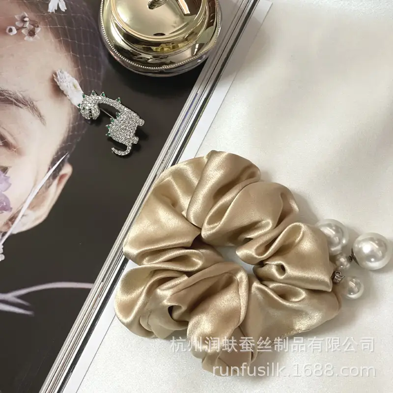 French Silk Hair Scrunchie 3.5cm Large Silver - Image 6