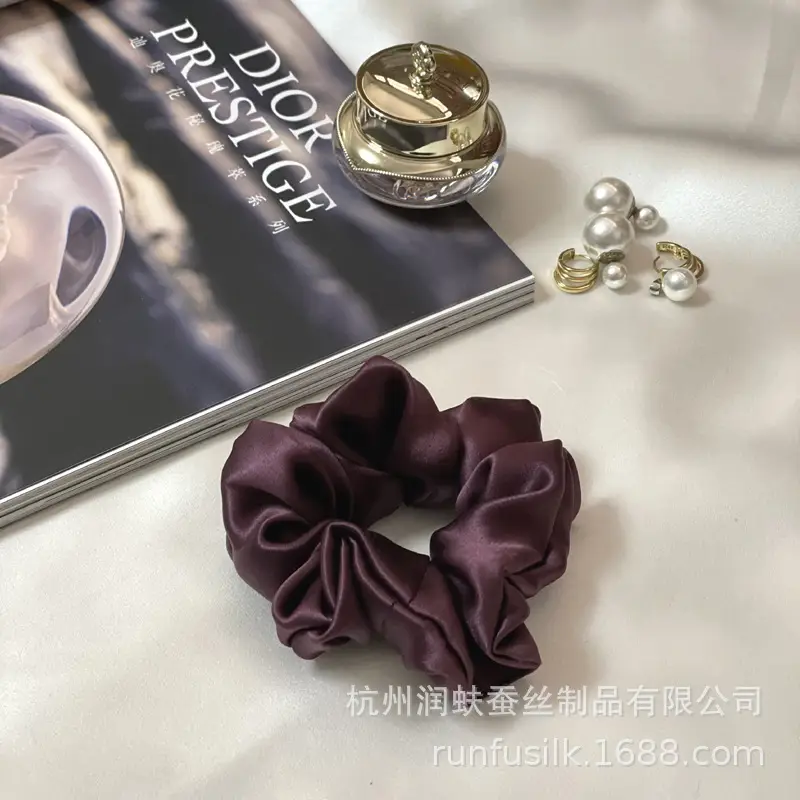 French Silk Hair Scrunchie 3.5cm Large Silver - Image 7