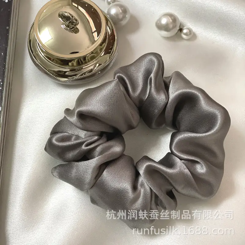 French Silk Hair Scrunchie 3.5cm Large Silver - Image 8