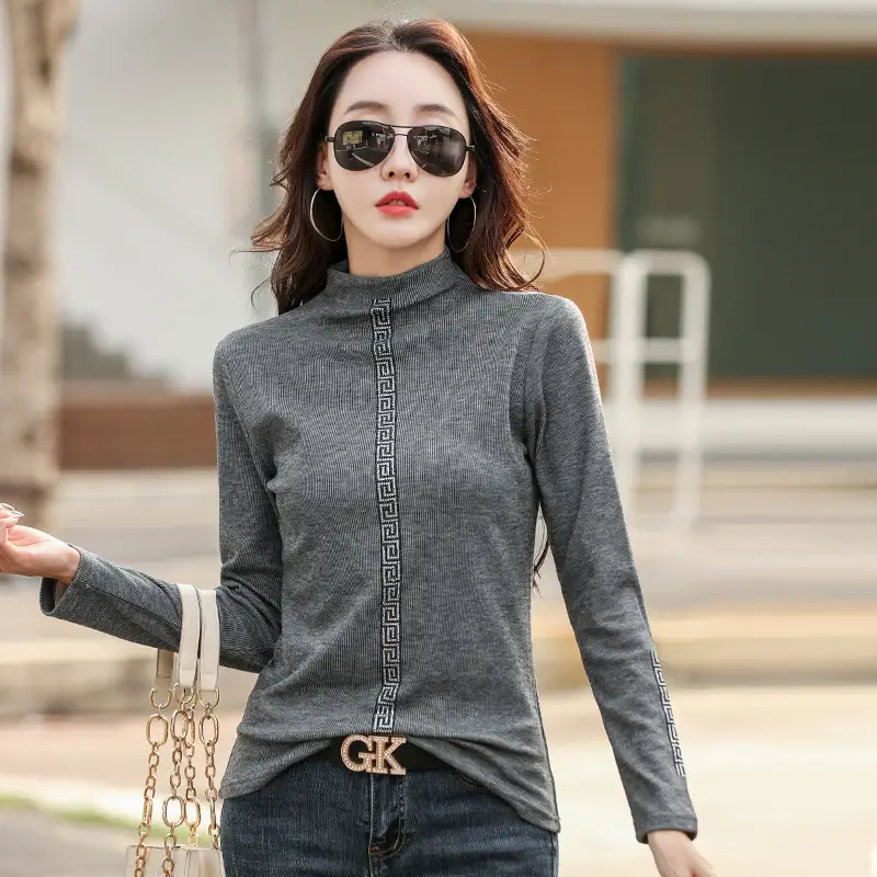 Women Grey Turtleneck Slim Fit Shirt Winter Korean Style - Image 6