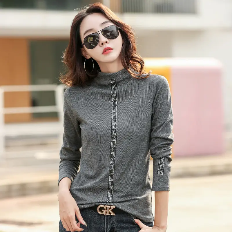 Women Grey Turtleneck Slim Fit Shirt Winter Korean Style - Image 2
