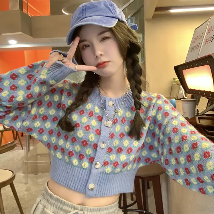Women Knitted Sweet Girl Sweater Coat Blue Spring Autumn - Image 3