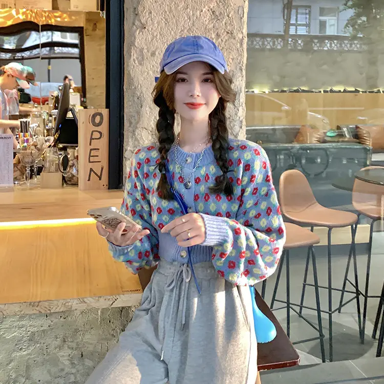 Women Knitted Sweet Girl Sweater Coat Blue Spring Autumn - Image 4