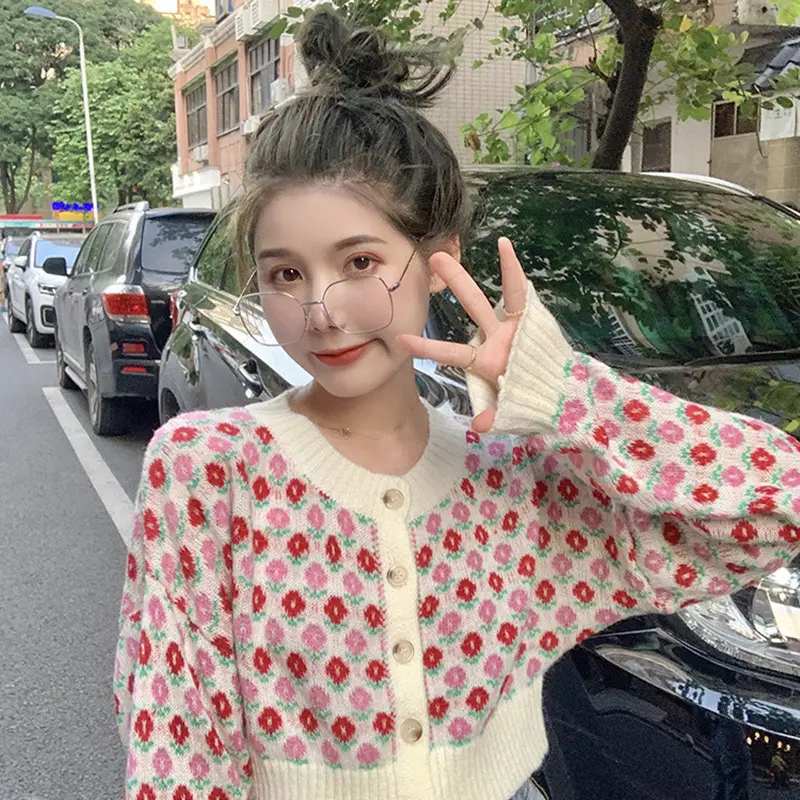 Women Knitted Sweet Girl Sweater Coat Blue Spring Autumn - Image 5