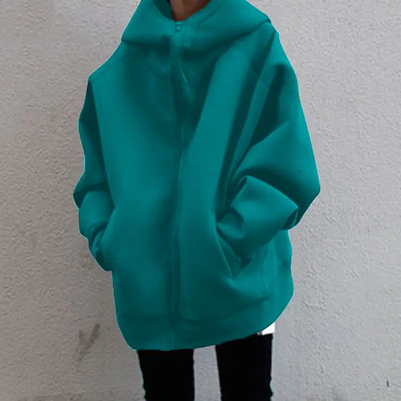 Teal 2023 Hooded Fleece Zipper Coat Long Sleeve - Image 9