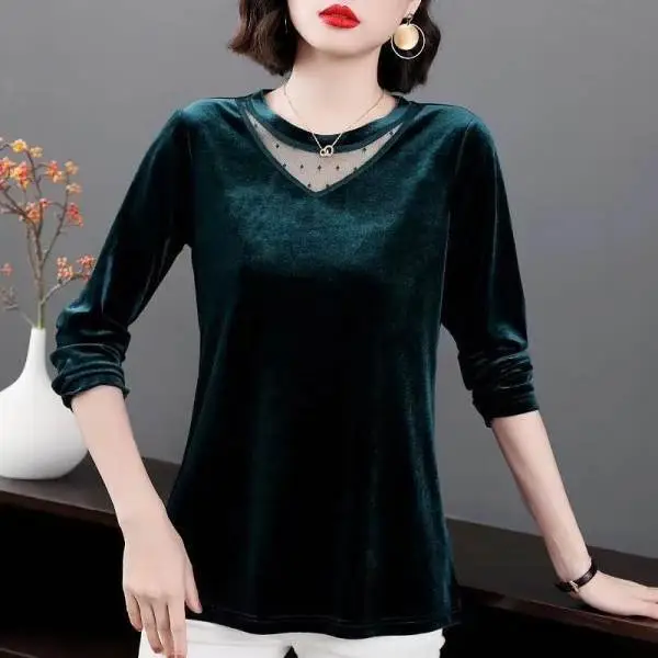 Women's Long Sleeve Velvet T-Shirt Green 2022 - Image 4