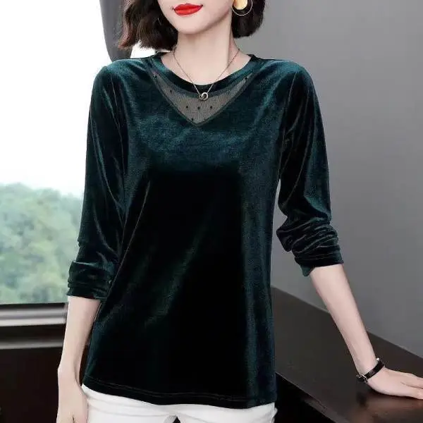 Women's Long Sleeve Velvet T-Shirt Green 2022 - Image 5
