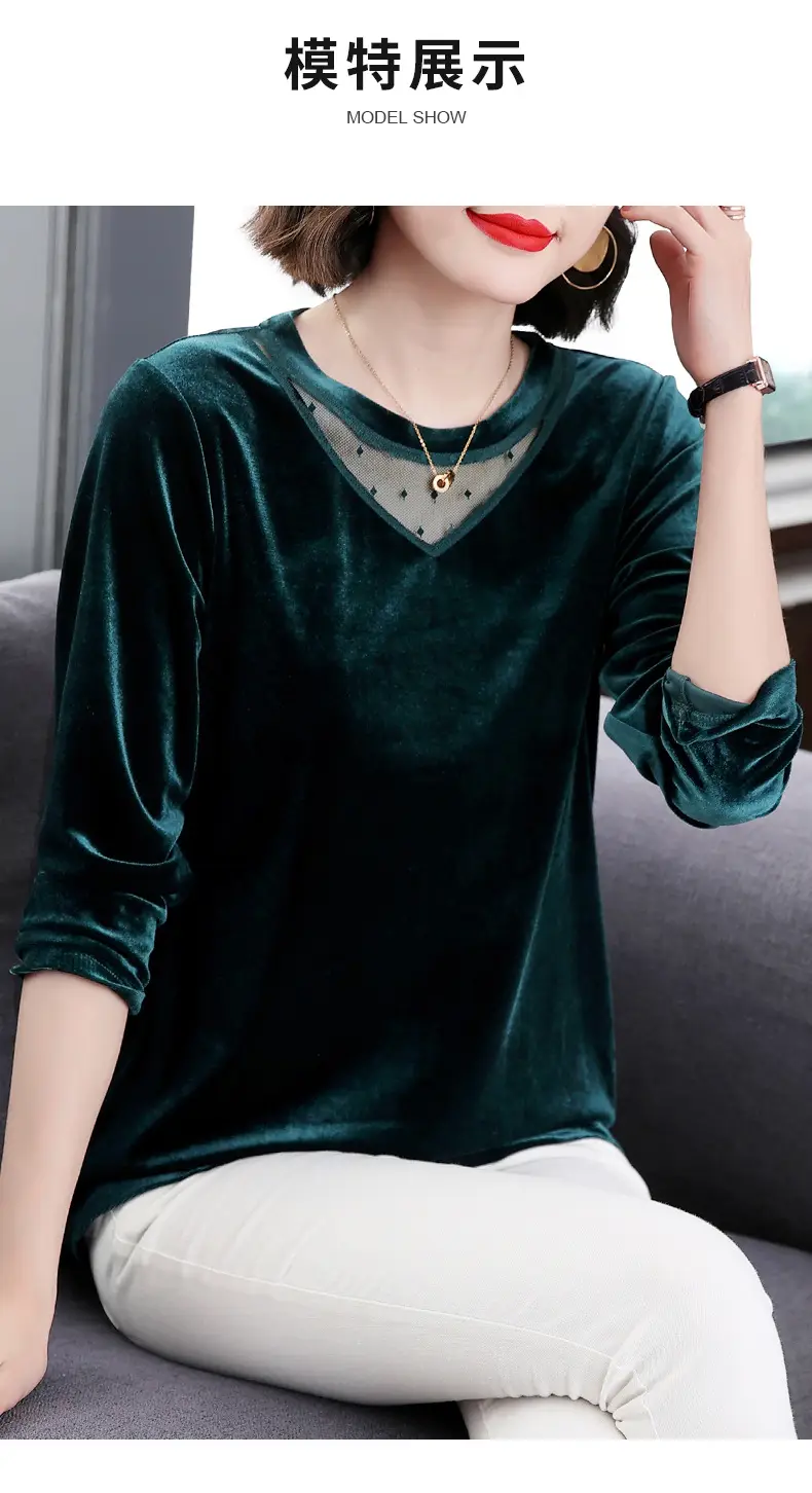 Women's Long Sleeve Velvet T-Shirt Green 2022 — feature 10