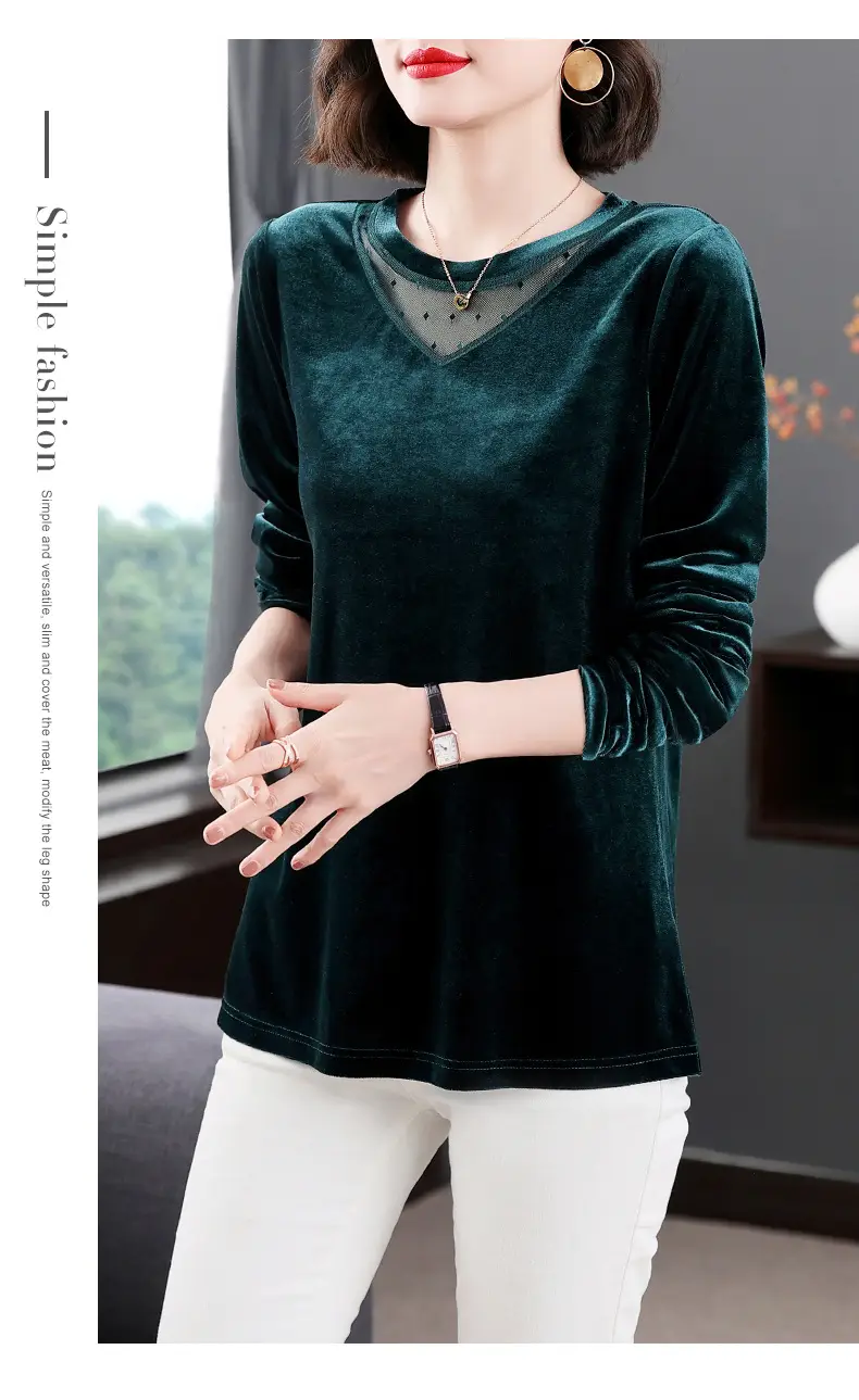 Women's Long Sleeve Velvet T-Shirt Green 2022 — feature 11