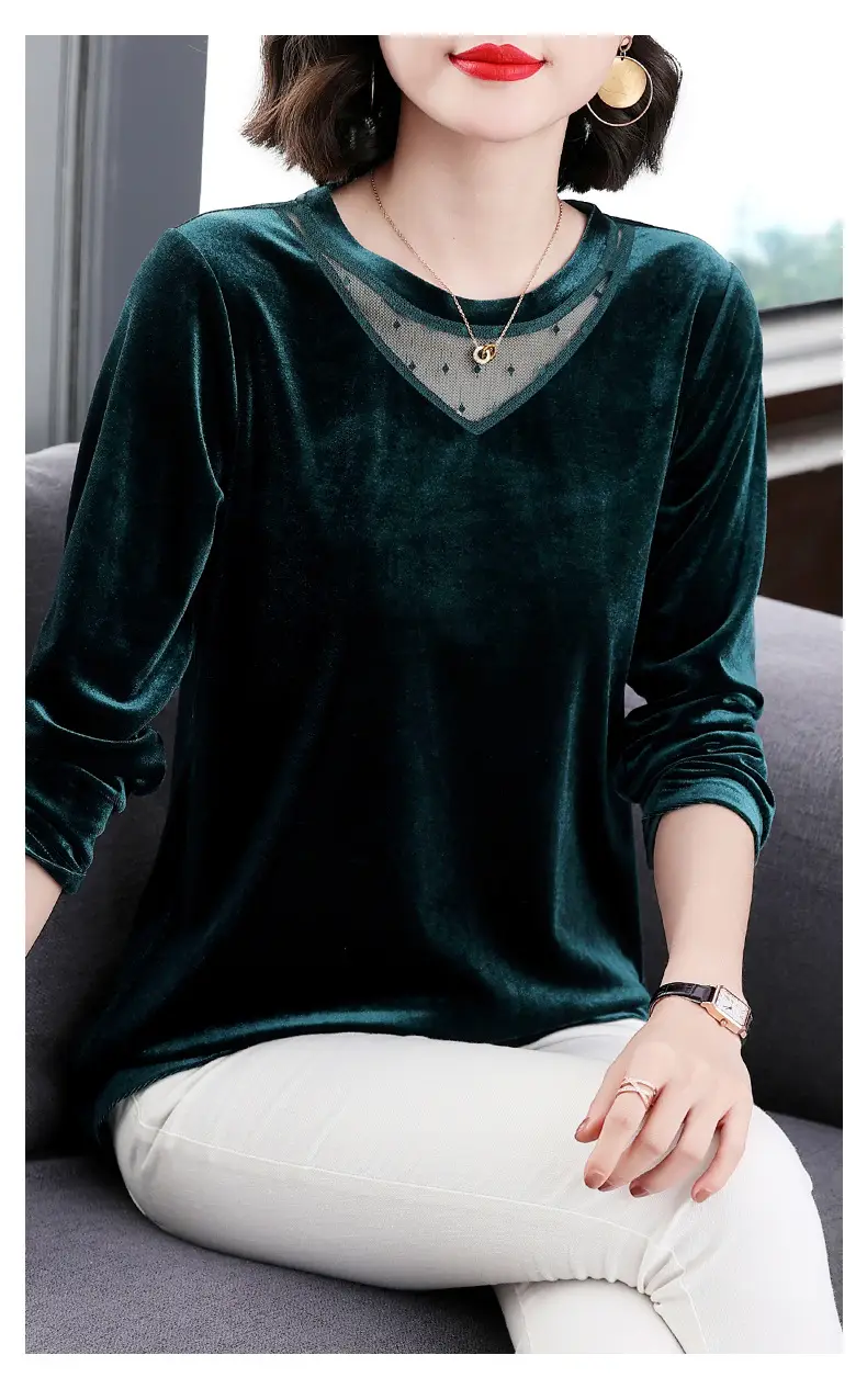 Women's Long Sleeve Velvet T-Shirt Green 2022 — feature 12
