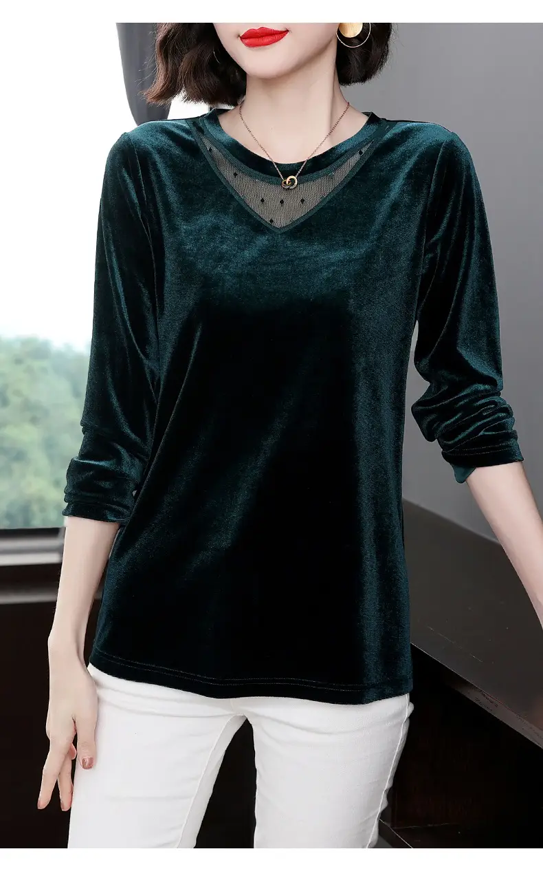 Women's Long Sleeve Velvet T-Shirt Green 2022 — feature 13