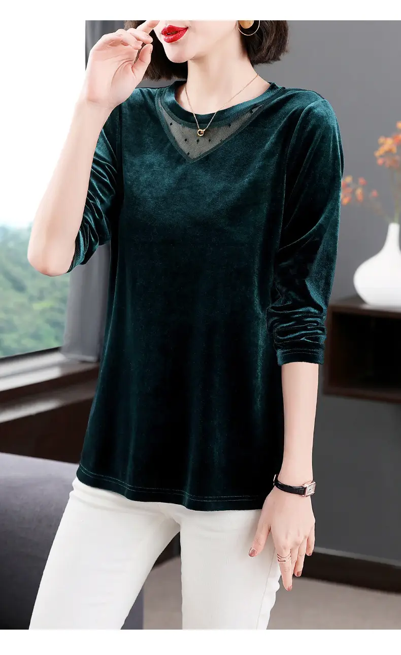 Women's Long Sleeve Velvet T-Shirt Green 2022 — feature 14