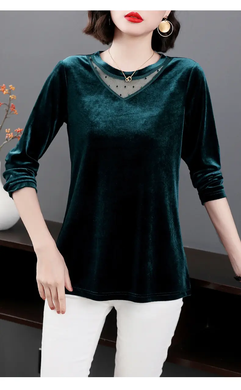 Women's Long Sleeve Velvet T-Shirt Green 2022 — feature 15