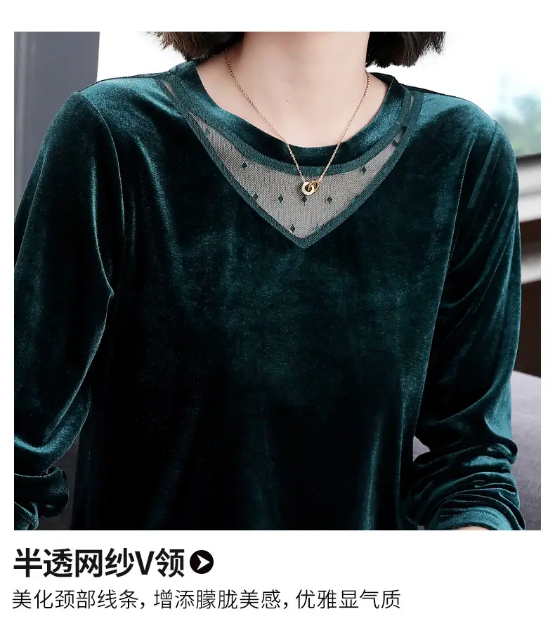 Women's Long Sleeve Velvet T-Shirt Green 2022 — feature 19