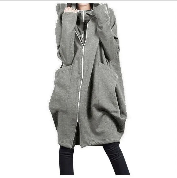 2023 Women Black Hooded Zipper Long Coat - Image 4