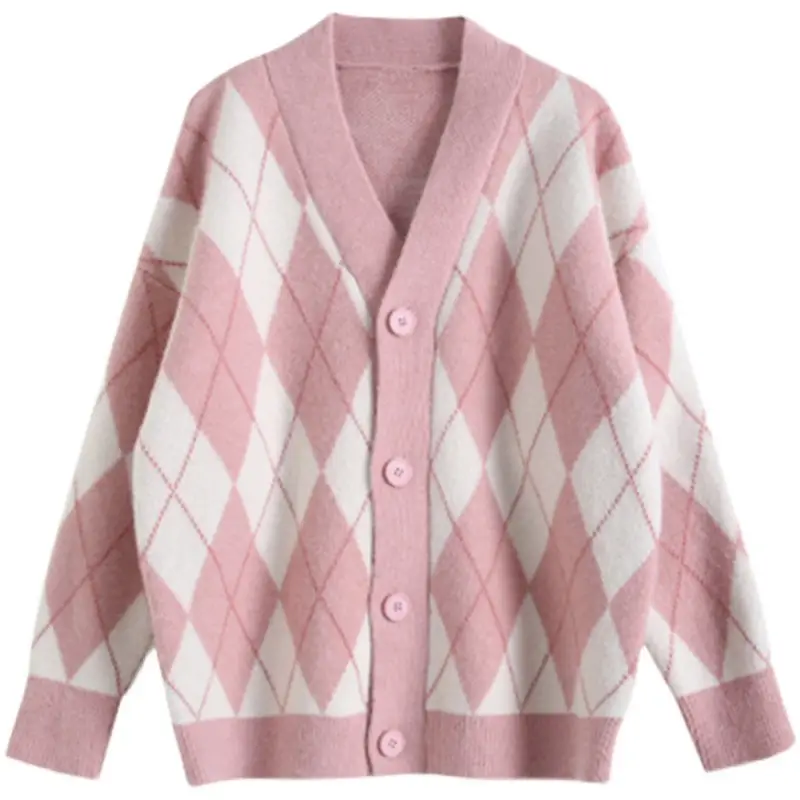 Women's Black White Diamond Mid-Length Cardigan Coat 2023 — feature 7
