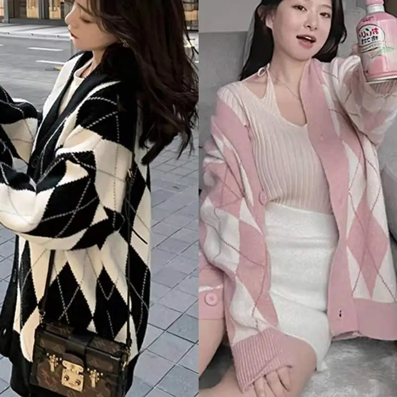 Women's Black White Diamond Mid-Length Cardigan Coat 2023 — feature 8