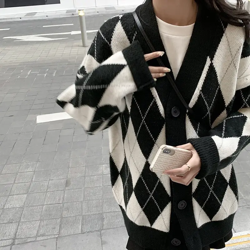 Women's Black White Diamond Mid-Length Cardigan Coat 2023 - Image 2