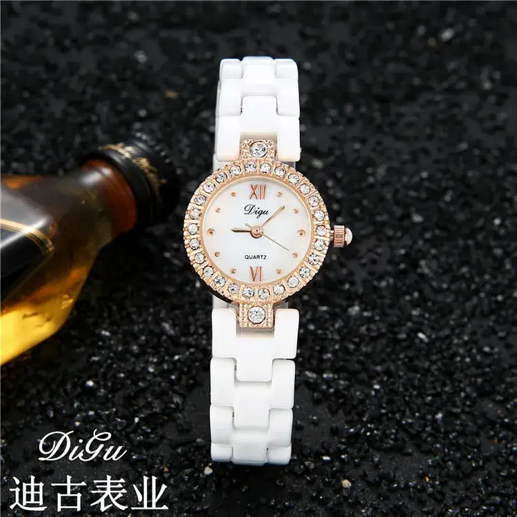 Korean Diamond Women's Quartz Watch Rose Gold White Strap - Image 2